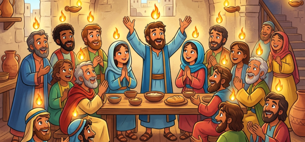 A group of people sitting and standing around a table with flames above their heads symbolizing the Holy Spirit