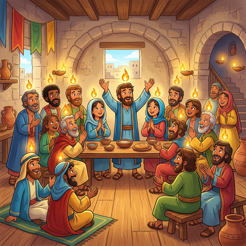 A group of people sitting and standing around a table with flames above their heads symbolizing the Holy Spirit