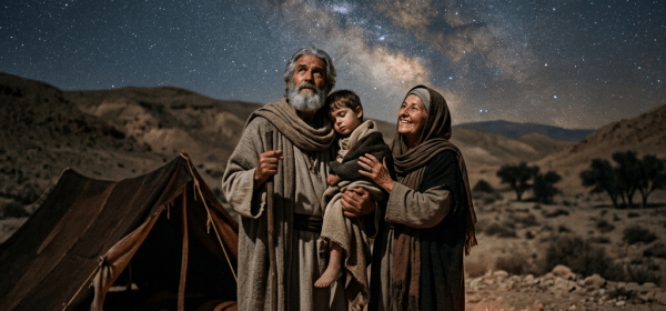 An elder man, a woman, and a child standing by a campfire near a tent under a star-filled night sky with the Milky Way visible.