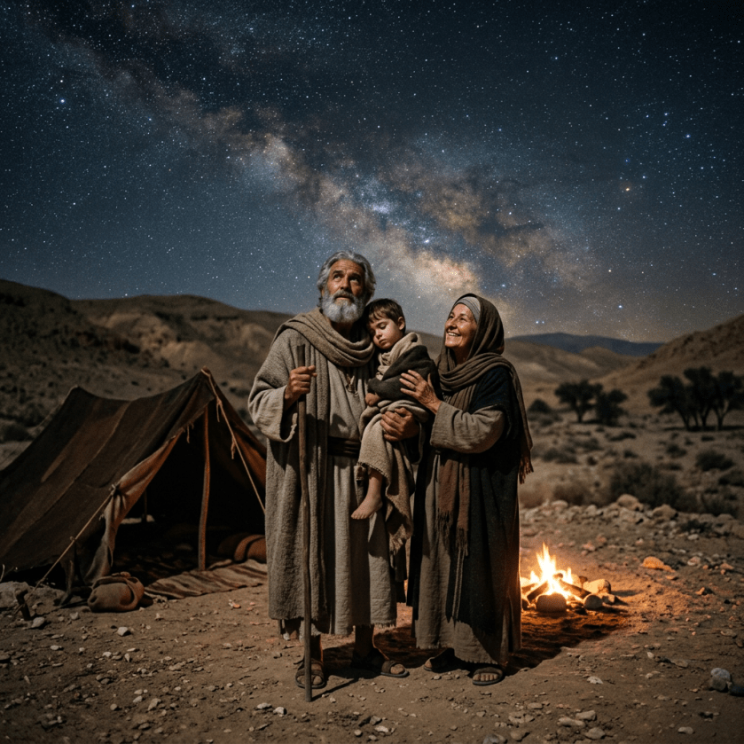 An elder man, a woman, and a child standing by a campfire near a tent under a star-filled night sky with the Milky Way visible.