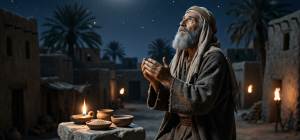 Elderly man kneeling and praying at night with crescent moon and stars overhead