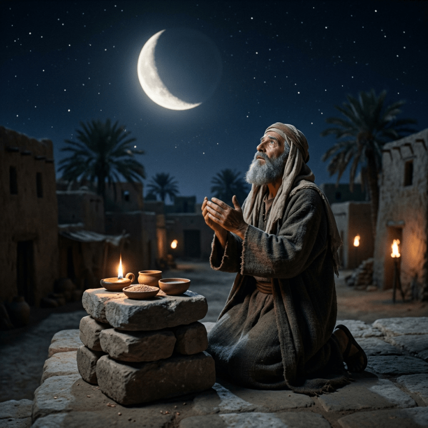 Elderly man kneeling and praying at night with crescent moon and stars overhead