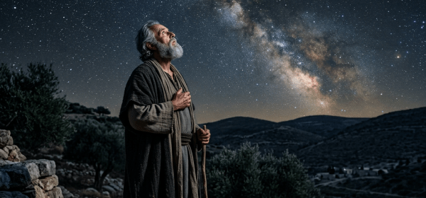 Man in ancient clothing standing outdoors under a star-filled sky with the Milky Way visible