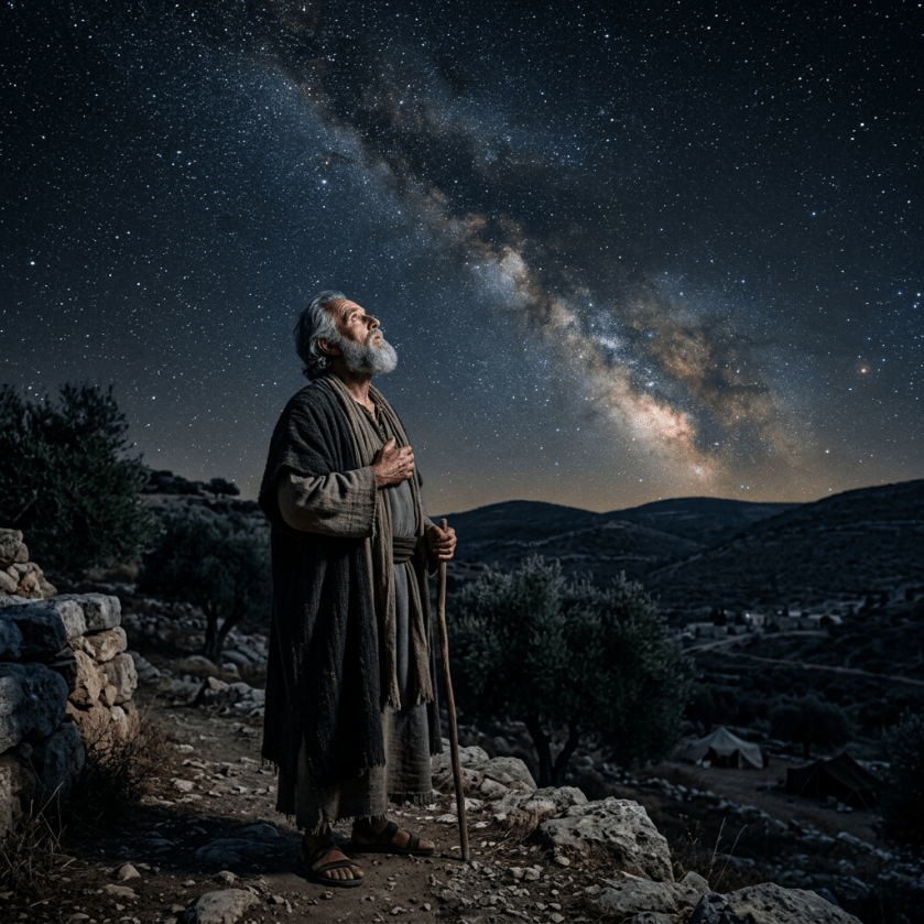 Man in ancient clothing standing outdoors under a star-filled sky with the Milky Way visible