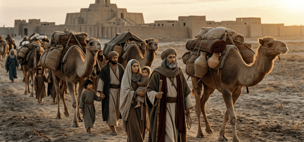 Group of travelers and camels carrying goods walking in desert near ancient city