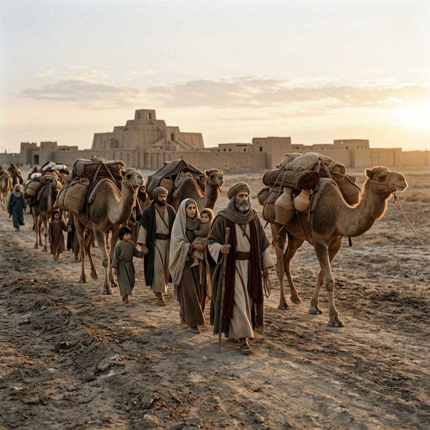 Group of travelers and camels carrying goods walking in desert near ancient city
