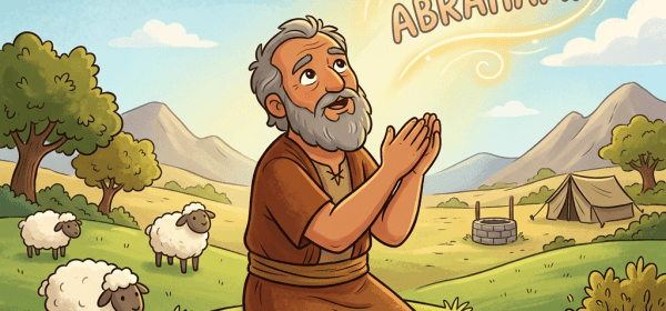 Older man kneeling and praying outdoors with sheep nearby and the word 'ABRAHAM!' above him