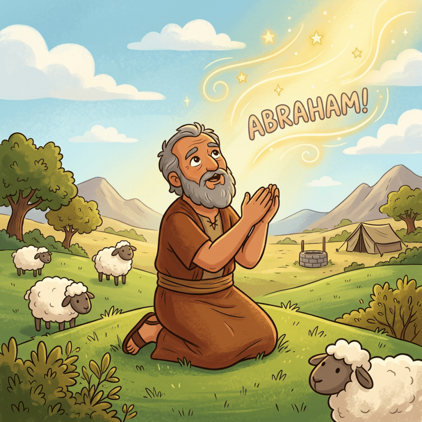 Older man kneeling and praying outdoors with sheep nearby and the word 'ABRAHAM!' above him