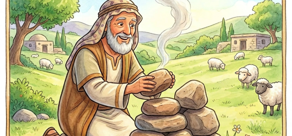 Elderly man and two children stacking stones to build an altar with smoke rising