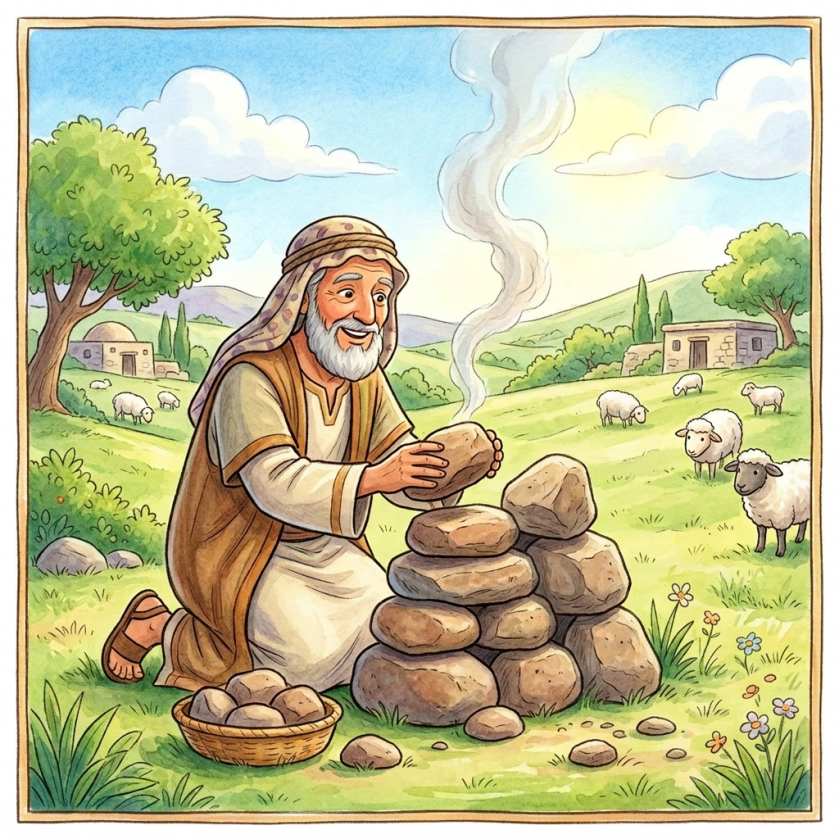 Elderly man and two children stacking stones to build an altar with smoke rising