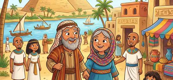 Ancient Egyptian village scene with pyramids, people, and the Nile river