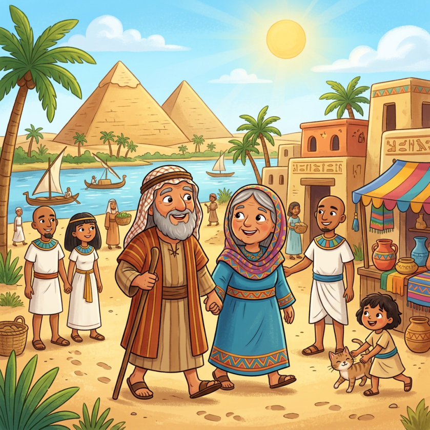 Ancient Egyptian village scene with pyramids, people, and the Nile river