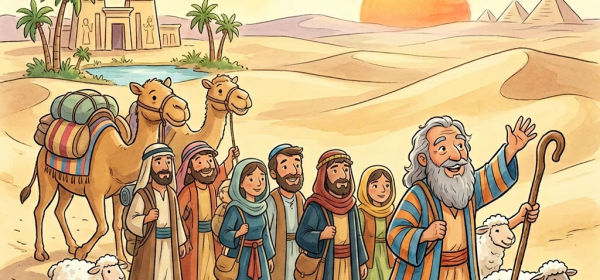 An elder man leads children and adults on a desert journey with camels and sheep near ancient ruins.
