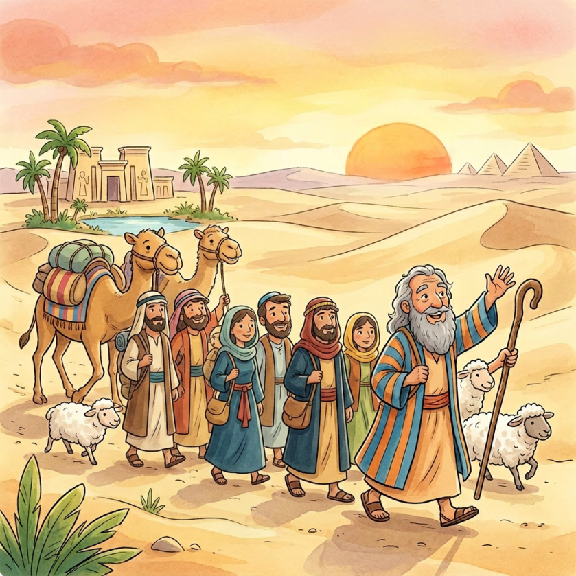 An elder man leads children and adults on a desert journey with camels and sheep near ancient ruins.
