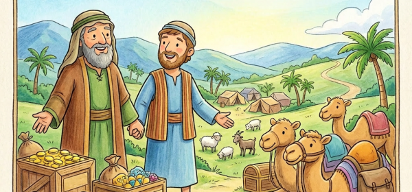 Abraham and Lot standing among gold, jewels, treasure, and camels with tents and sheep in the background