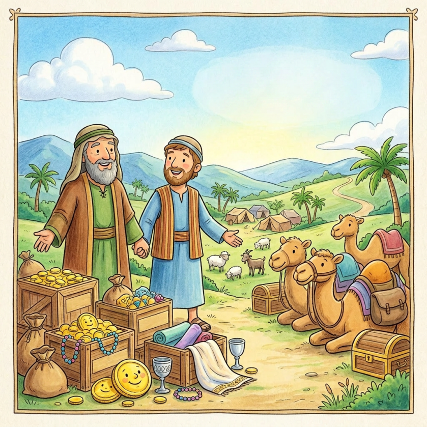 Abraham and Lot standing among gold, jewels, treasure, and camels with tents and sheep in the background