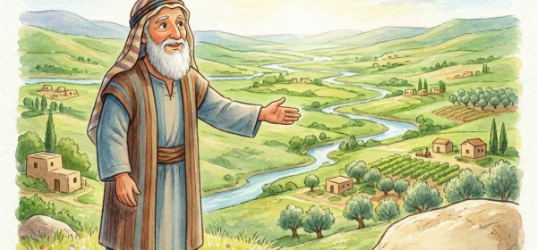 An elderly man and a young boy stand on a hill overlooking a fertile valley with a winding river and small houses.