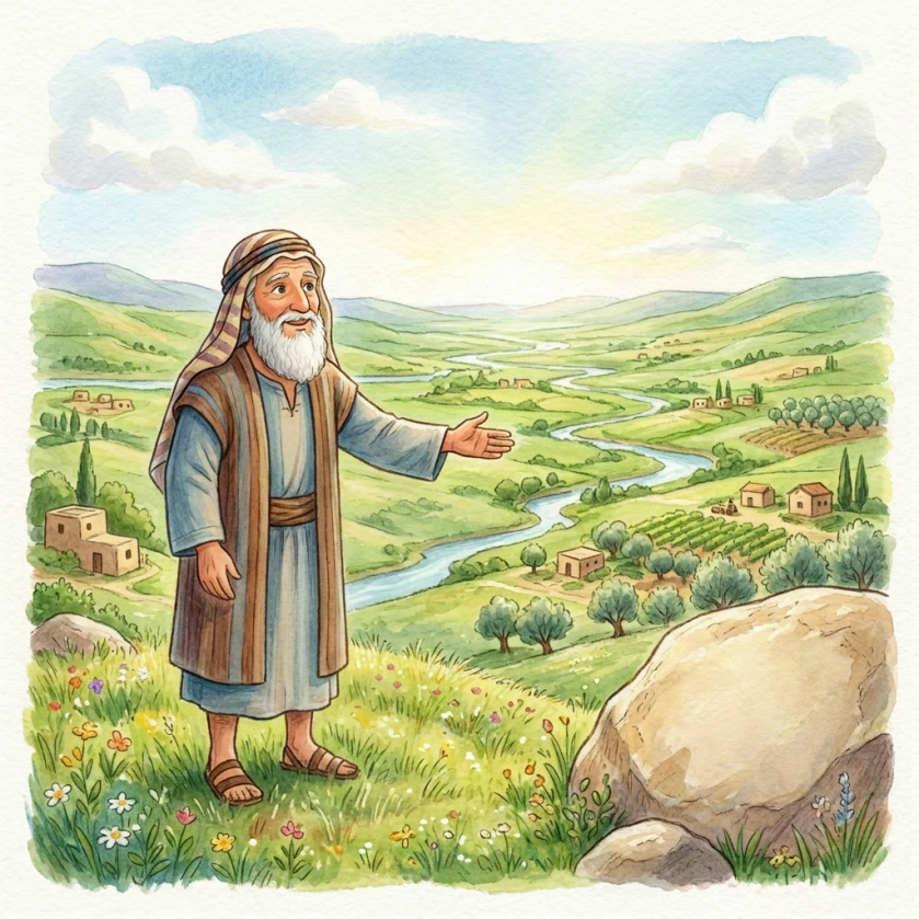 An elderly man and a young boy stand on a hill overlooking a fertile valley with a winding river and small houses.
