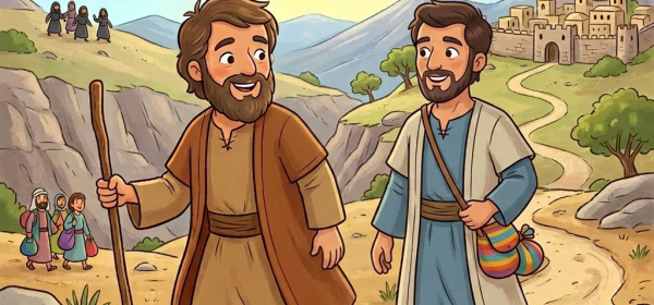 Abraham holding Lot's hand walking on a path with captors in the distance and a town labeled safe path to Zoar