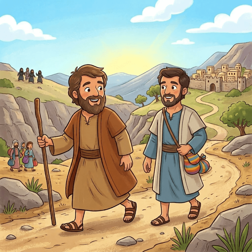 Abraham holding Lot's hand walking on a path with captors in the distance and a town labeled safe path to Zoar