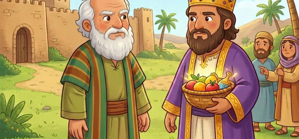 Elderly man shaking hands with a king holding a basket of fruit, with a child and villagers nearby in a sunny ancient village