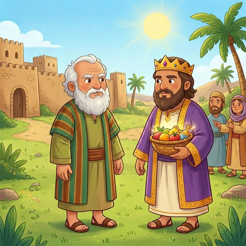 Elderly man shaking hands with a king holding a basket of fruit, with a child and villagers nearby in a sunny ancient village