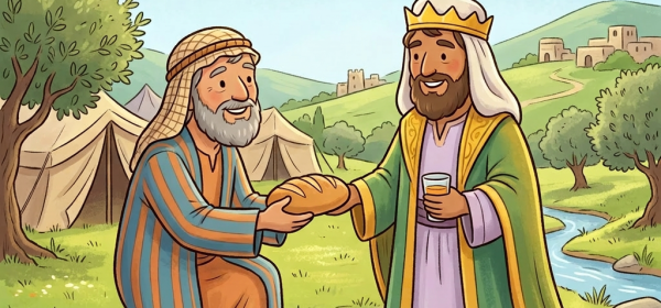 Abraham kneeling and giving bread to Melchizedek holding a cup outdoors