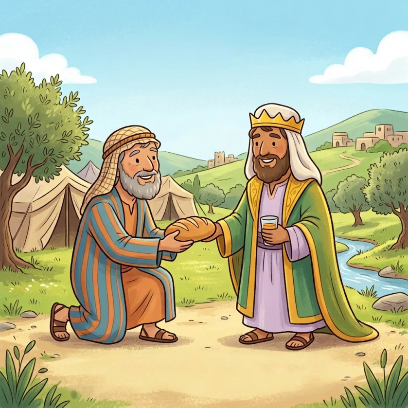 Abraham kneeling and giving bread to Melchizedek holding a cup outdoors