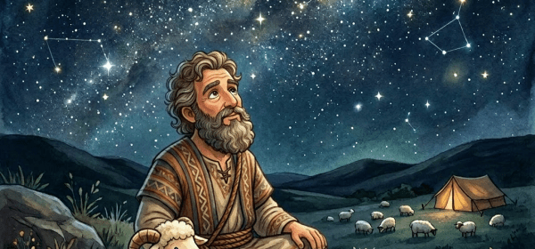 Young boy sitting on a blanket with a sheep, looking up at a star-filled sky with constellations