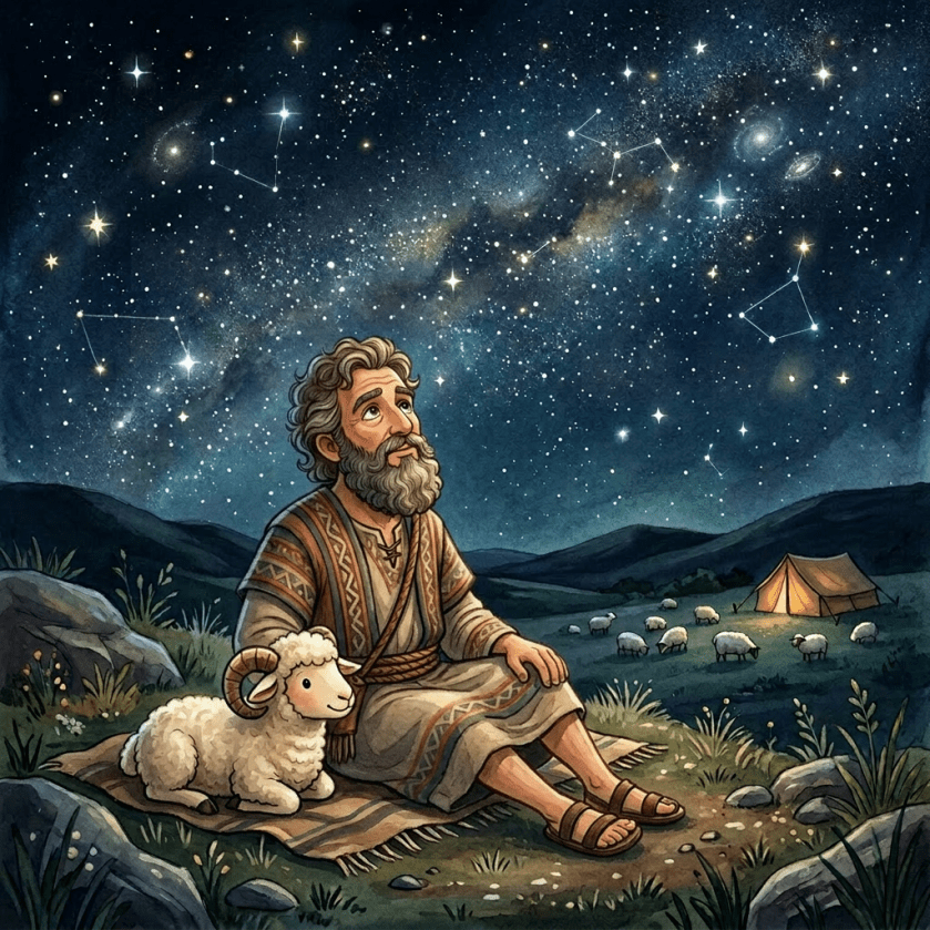 Young boy sitting on a blanket with a sheep, looking up at a star-filled sky with constellations