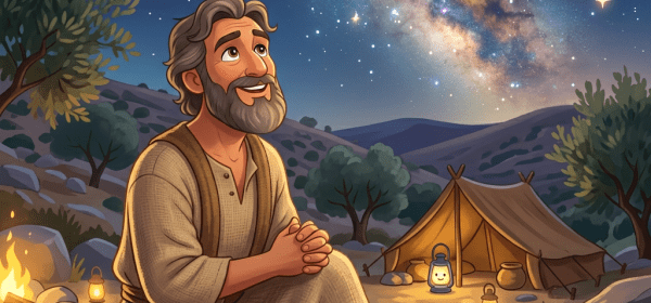 Child kneeling on ground near campfire and tent under starry night sky with Milky Way