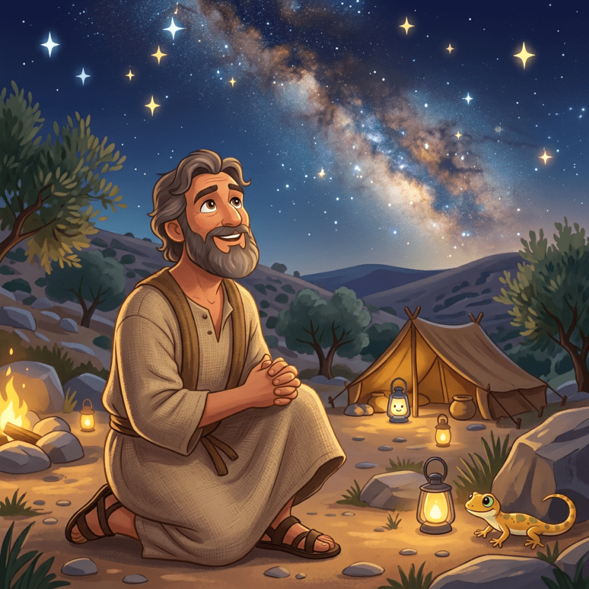 Child kneeling on ground near campfire and tent under starry night sky with Milky Way