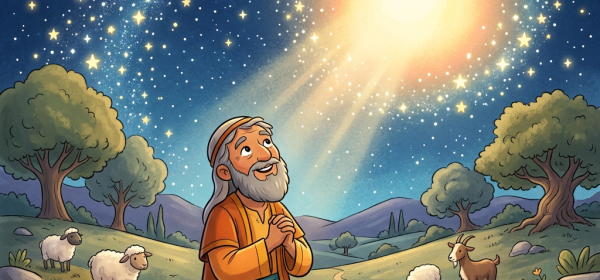 A shepherd kneeling in a field with sheep and a goat, praying under a bright glowing star in the night sky