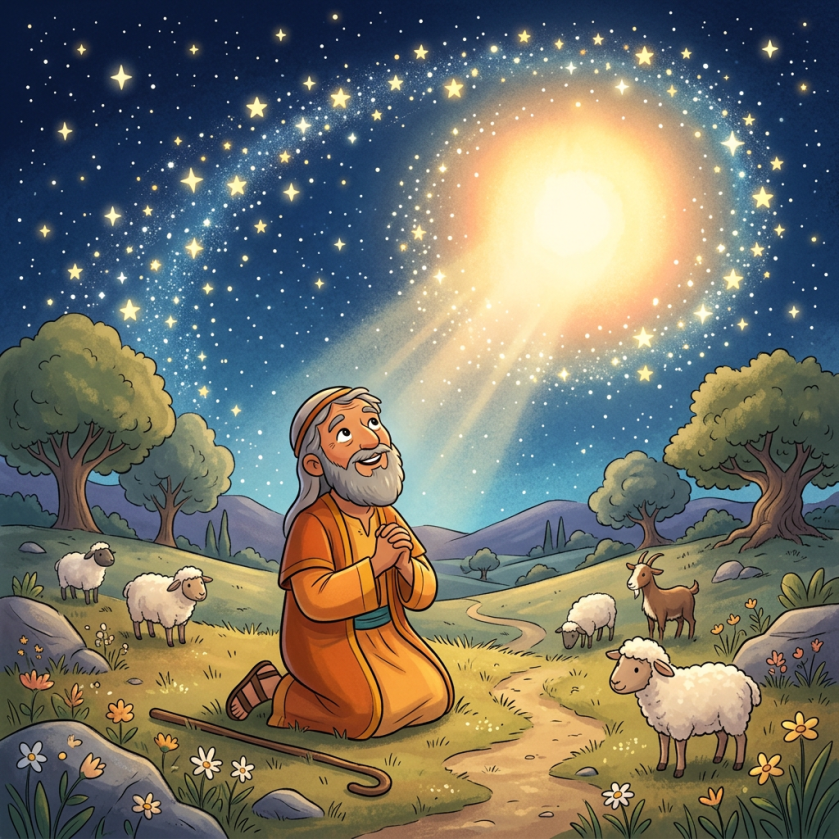 A shepherd kneeling in a field with sheep and a goat, praying under a bright glowing star in the night sky