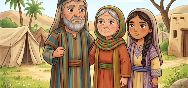 Elderly man with staff, elderly woman, and young woman in traditional clothing in a desert village with tents and trees