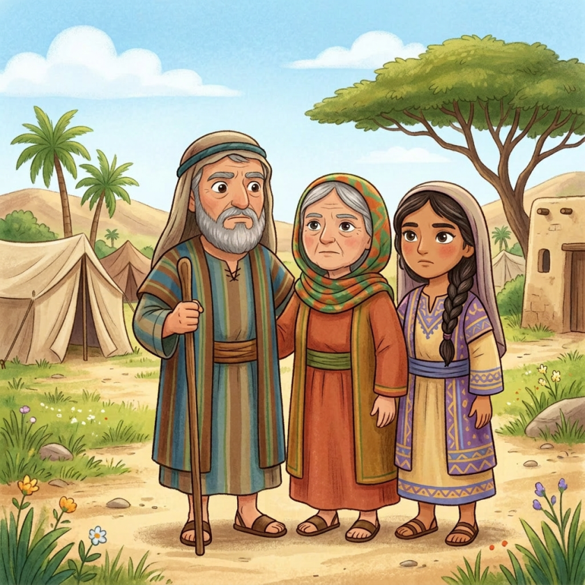 Elderly man with staff, elderly woman, and young woman in traditional clothing in a desert village with tents and trees
