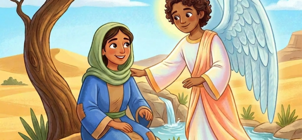 An angel with a glowing halo comforts a seated woman in blue robes holding a sleeping child beside a small stream in the desert