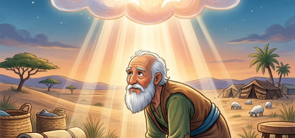 A boy kneeling inside a tent looking at a glowing cloud emitting light beams