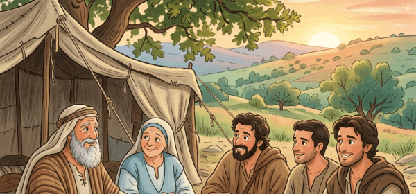 Five people in biblical clothes sitting around a wooden table with bread and pottery near a tent.