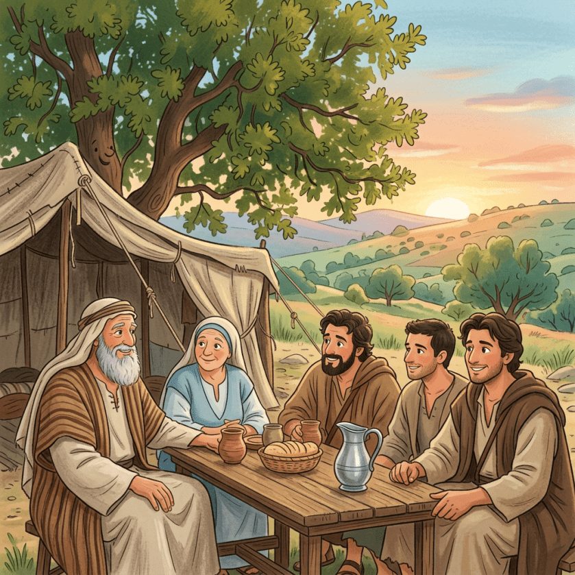 Five people in biblical clothes sitting around a wooden table with bread and pottery near a tent.
