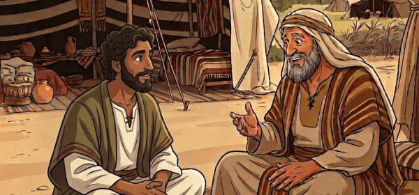 Elderly man talking to three children sitting on a rug outdoors