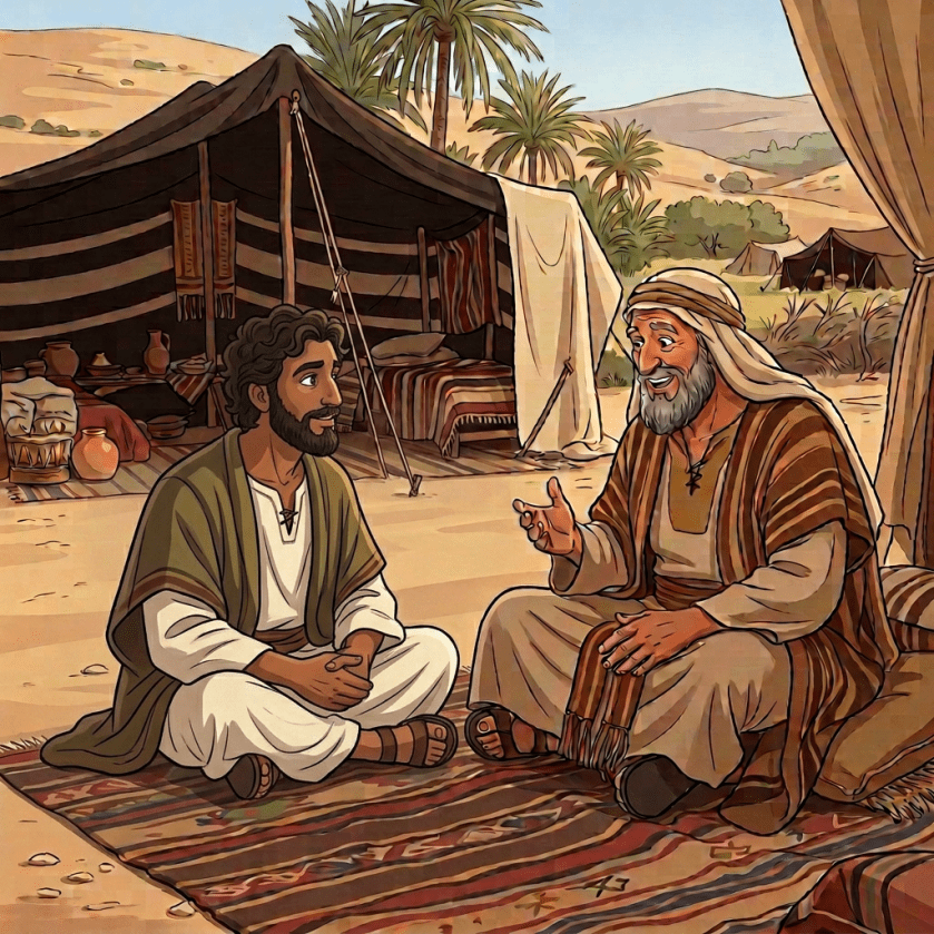 Elderly man talking to three children sitting on a rug outdoors