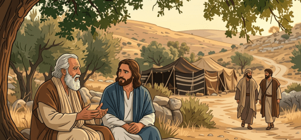 Two men in biblical robes sitting and talking under a tree with tents and walking men in the background