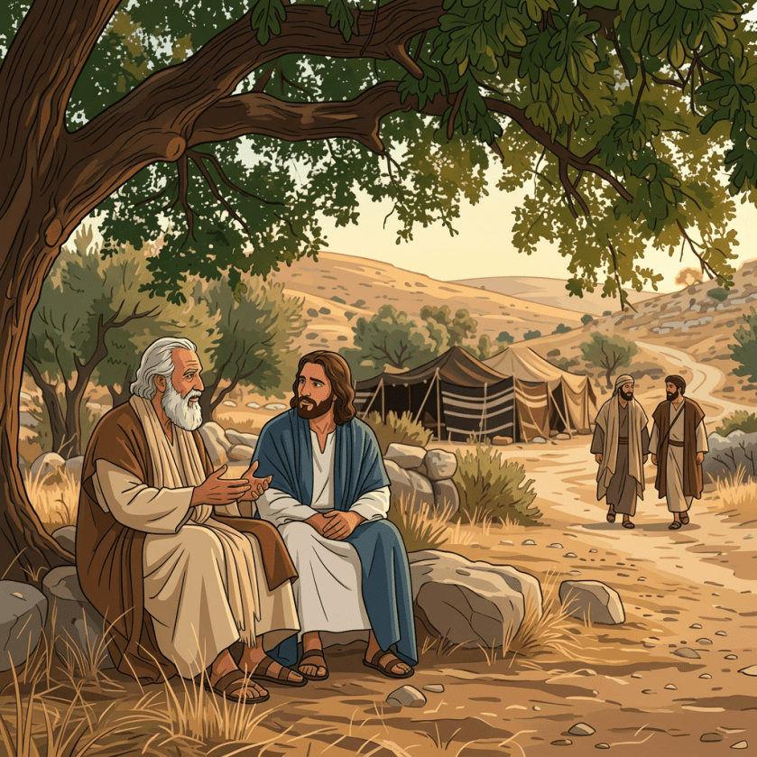 Two men in biblical robes sitting and talking under a tree with tents and walking men in the background