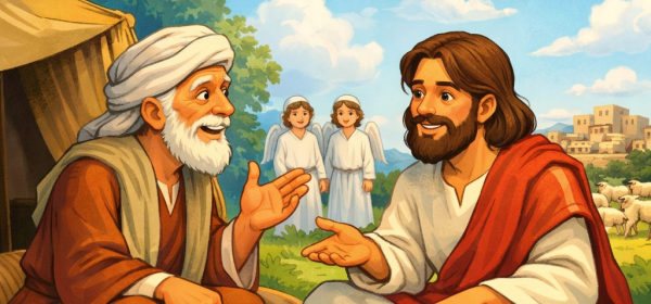 Two men sitting on cushions outdoors with a table of food, one asks about 50 righteous people, the other says he will spare the city
