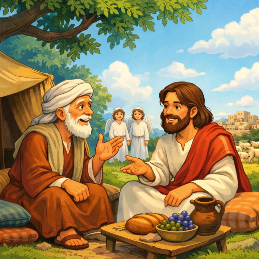 Two men sitting on cushions outdoors with a table of food, one asks about 50 righteous people, the other says he will spare the city