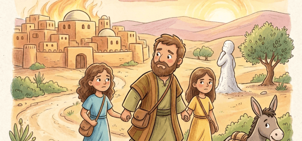 Father and two children walking away from a burning city with a donkey at sunset