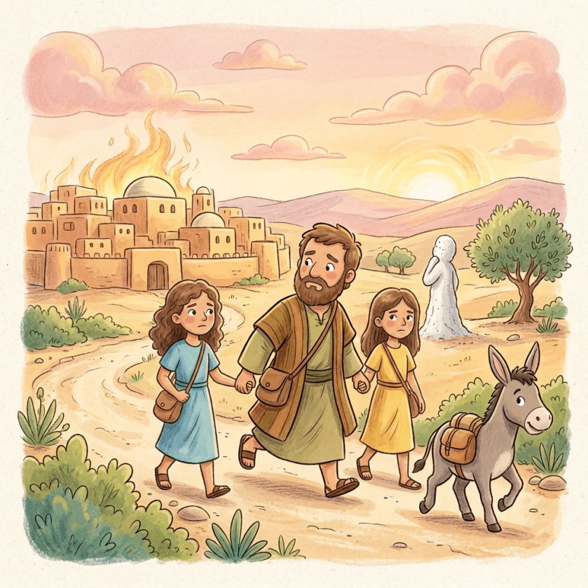Father and two children walking away from a burning city with a donkey at sunset