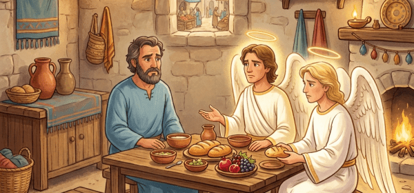 Family and two angels with halos sitting and sharing bread at a wooden table inside a stone room