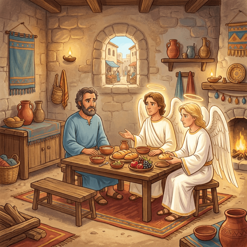 Family and two angels with halos sitting and sharing bread at a wooden table inside a stone room